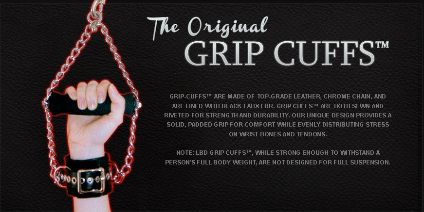 A hand bound inside the Detachable Leather Grip Cuffs next to its description.
