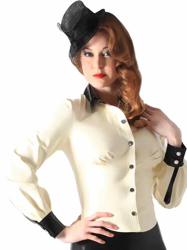 Model wearing the white and black Latex Mistress Blouse, front view.