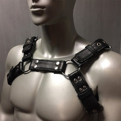 Black leather overlay 6 strap bulldog harness with removable snap center on mannequin.