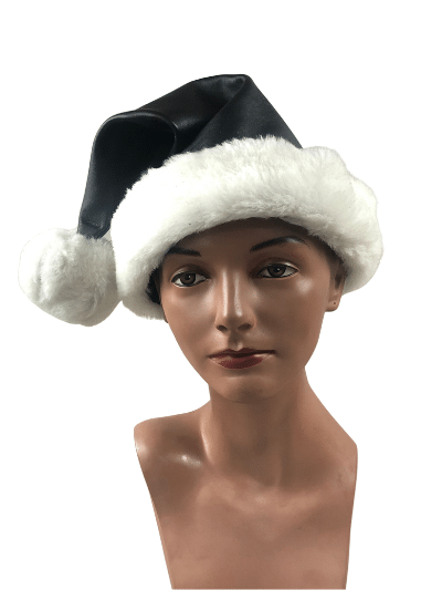 The black/white Leather Santa Elf Hat, front view on mannequin head.