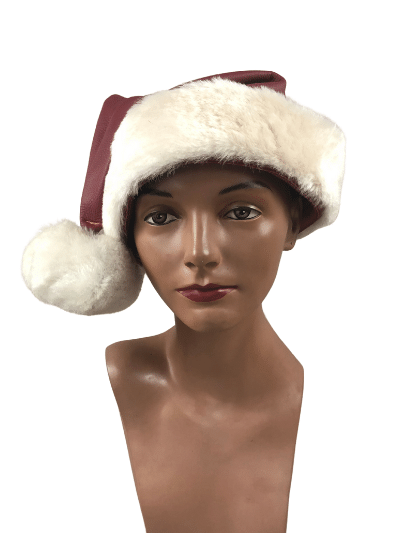 The Antique red/white Leather Santa Elf Hat, front view on mannequin head.