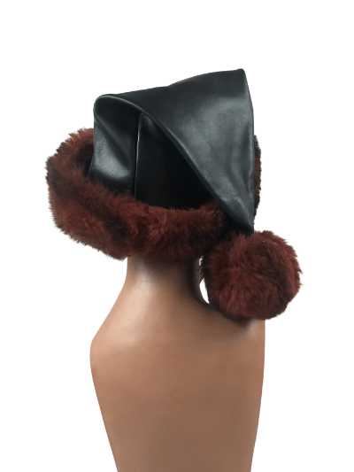 The black/raspberry Leather Santa Elf Hat, back view on mannequin head.