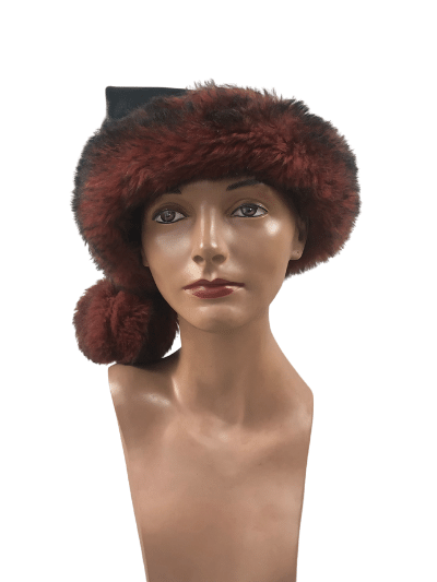 The black/raspberry Leather Santa Elf Hat, front view on mannequin head.