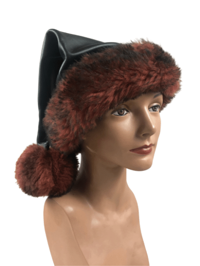 The Black/raspberry Leather Santa Elf Hat, front/side view on mannequin head.