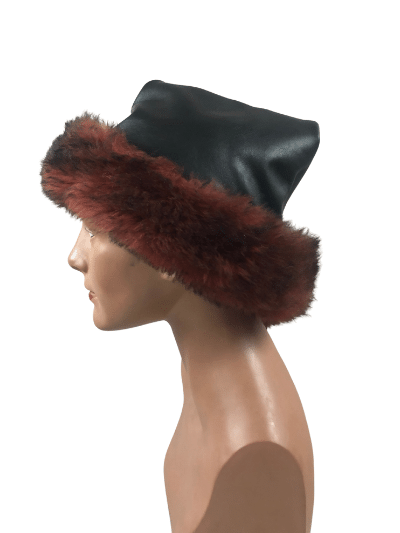 The black/raspberry Leather Santa Elf Hat, left side view on mannequin head.
