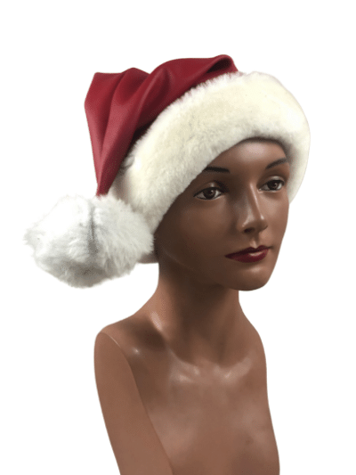 The red/white Leather Santa Elf Hat, front/side view on mannequin head.