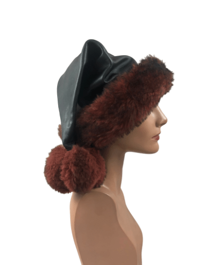 The Black/raspberry Leather Santa Elf Hat, right side view on mannequin head.
