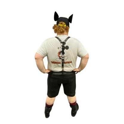 Rear view of classic leather suspenders on model wearing a white mickey mouse t-shirt, leather shorts and Cap with 2 K-Ear Snaps with leather pride K-9 ears and leather boots with red socks.