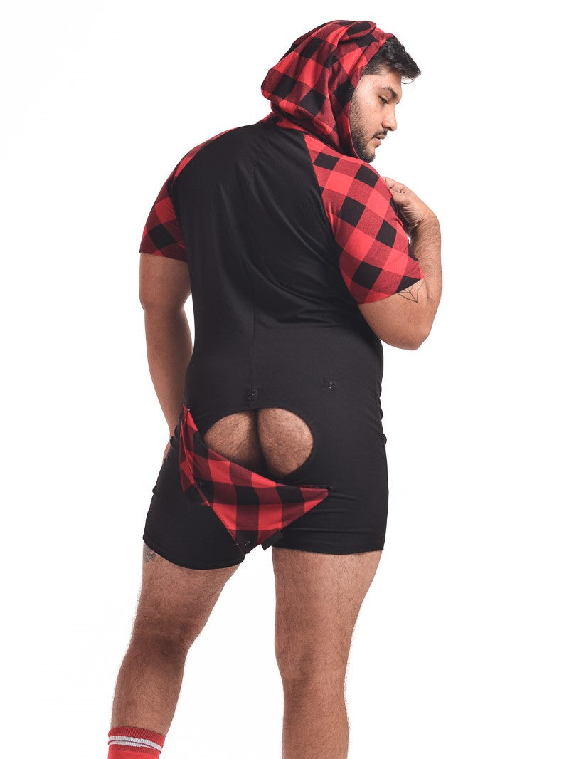 model showing the back of the Bear Plaid Bamboo Onesie with hoodie up and the plaid back side buttons unsnapped.