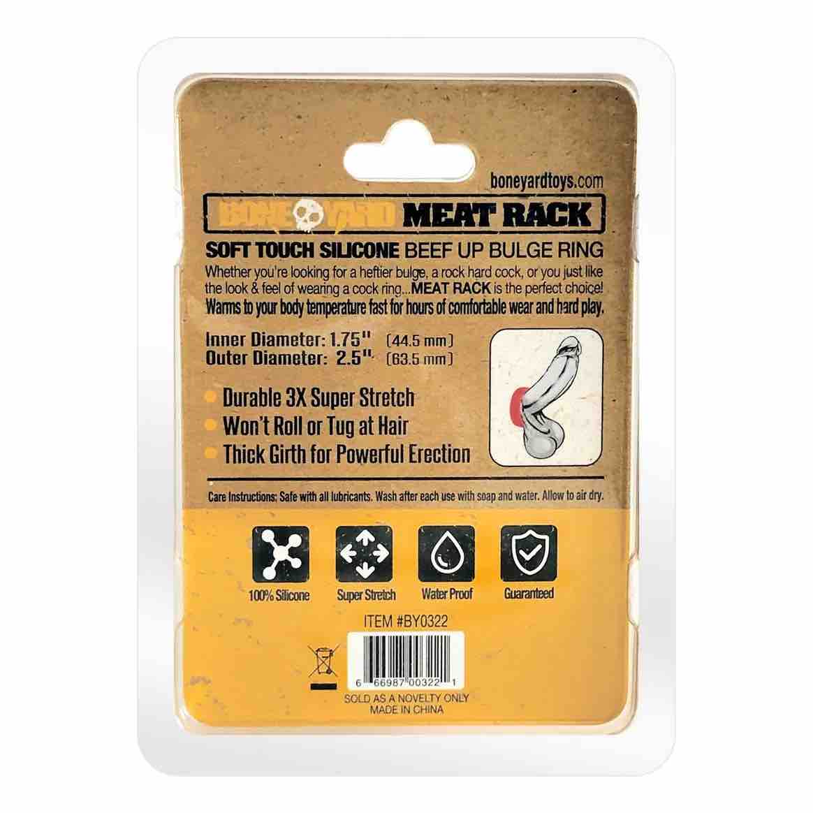 The back of the packaging for the red Meat Rack Cock Ring.