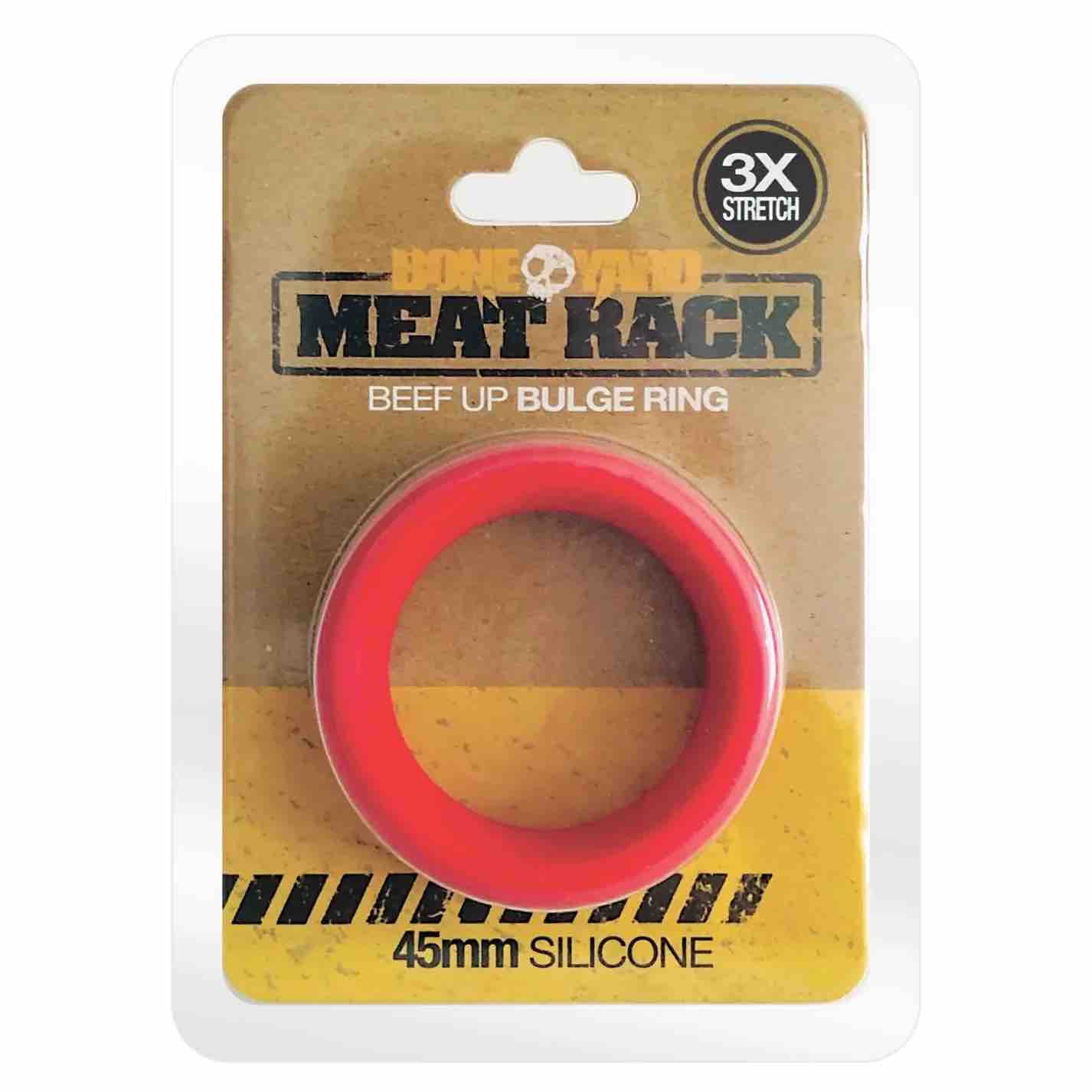 The front of the  packaging for the red Meat Rack Cock Ring.
