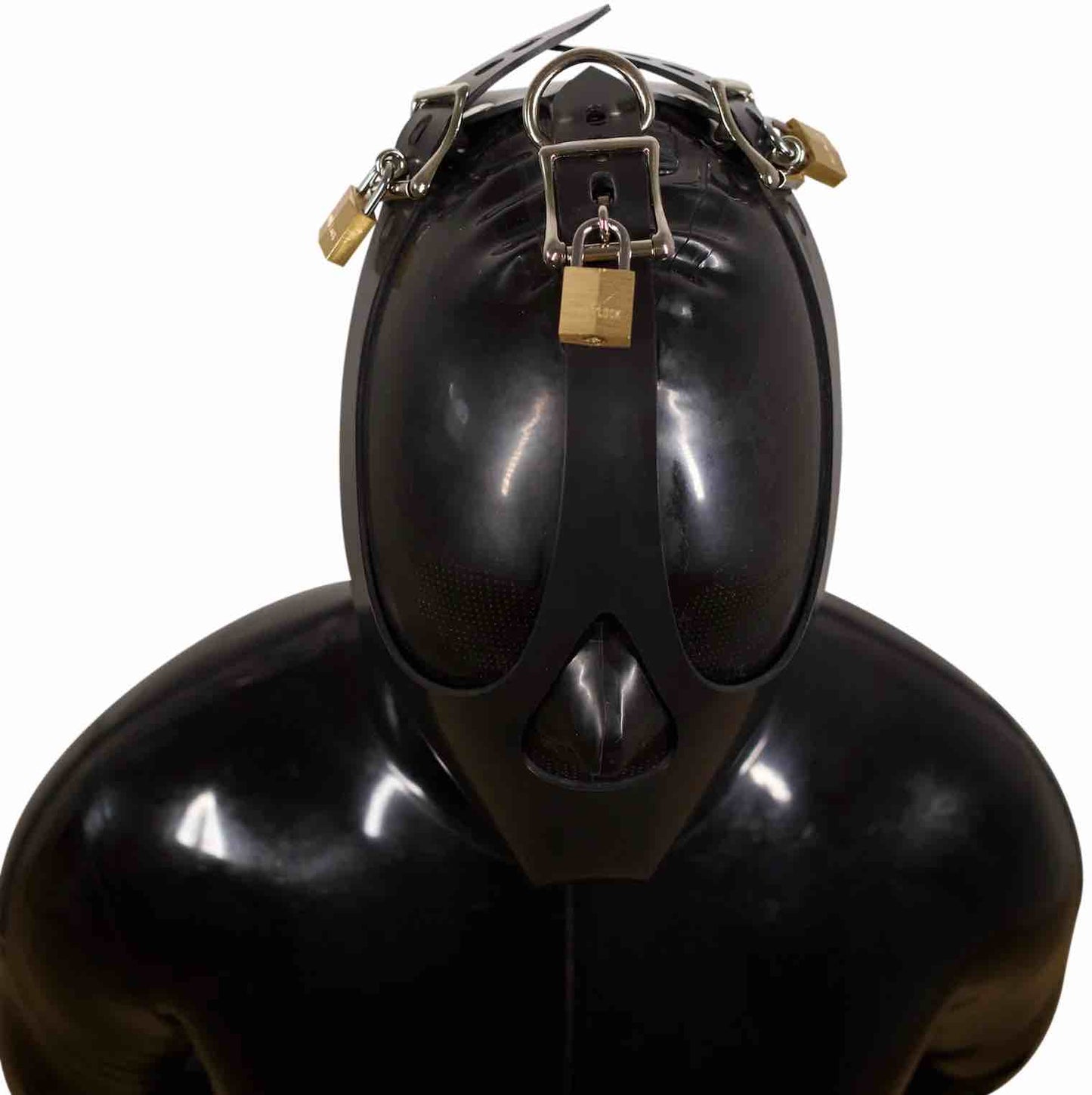 A model in a full rubber catsuit wearing the Locking Silencing Rubber Muzzle, front and top view.