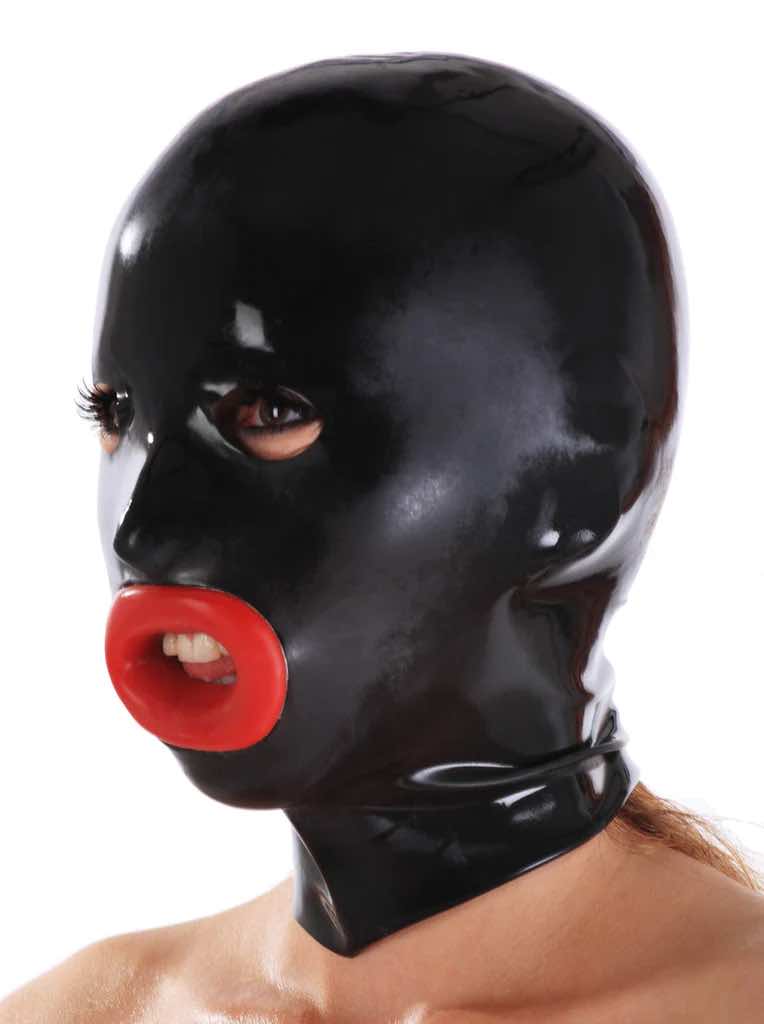 A model wearing the Moulded Latex Hood with red plastic Lips, front and left side view.