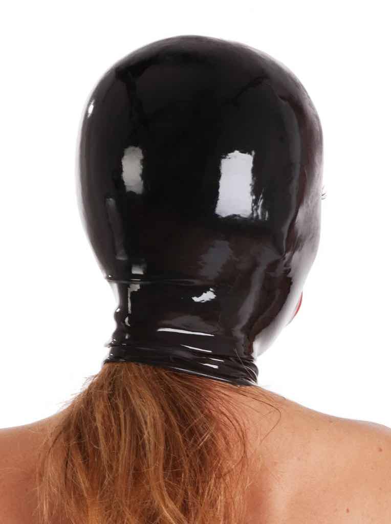 A model wearing the Moulded Latex Hood with red plastic Lips, rear view.
