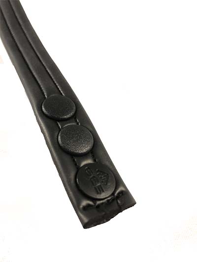 reverse side of snap closure of neoprene center strap harness/ring option