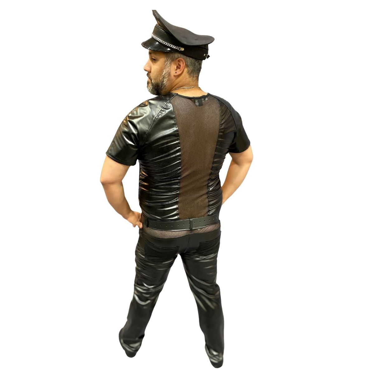 Back of wetlook and mesh panel shirt on model.