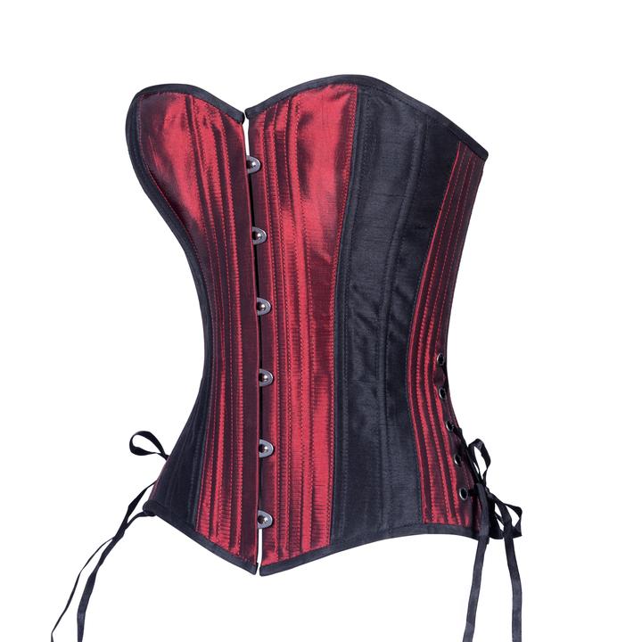 The Black & Burgundy Taffeta Slim Corset, front and left side view.