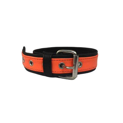 Back of orange leather overlay buckle bicep armband.