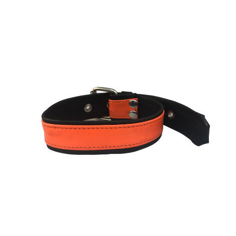 Front of orange leather overlay buckle bicep armband.