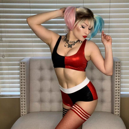 Sandra Red Fishnet Thigh Highs on standing model in Harley Quinn costume