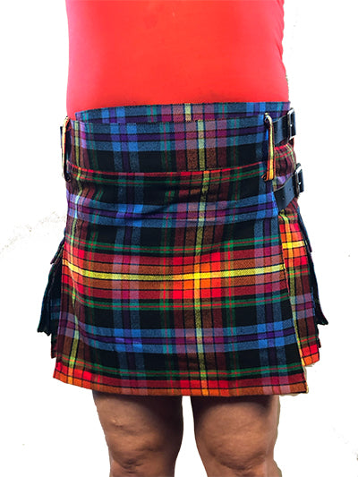 The front of the mini faux wool tartan cargo kilt.