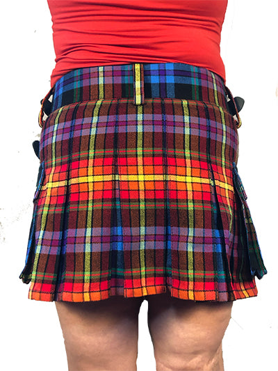 The back of the mini faux wool tartan cargo kilt.