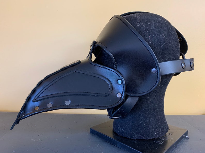 Leather Plague Doctor Mask Black, side view.