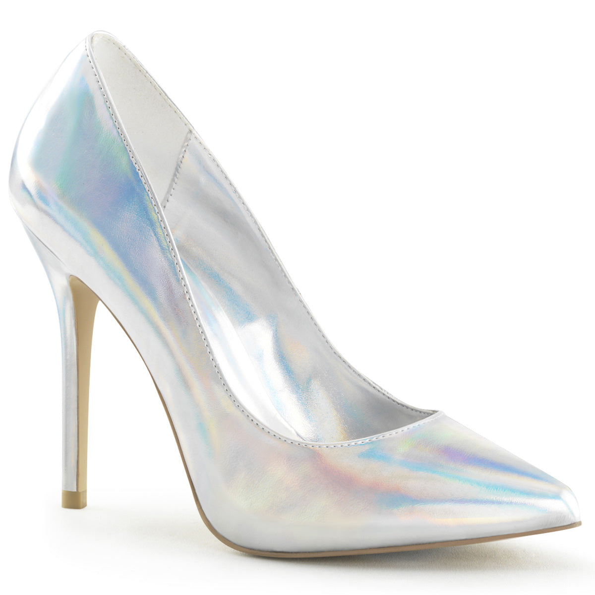 Silver hologram patent leather 5" Amuse Pump right side view.