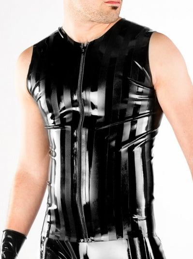 The black Striped Latex Sleeveless Shirt with Zip on a model, front view.