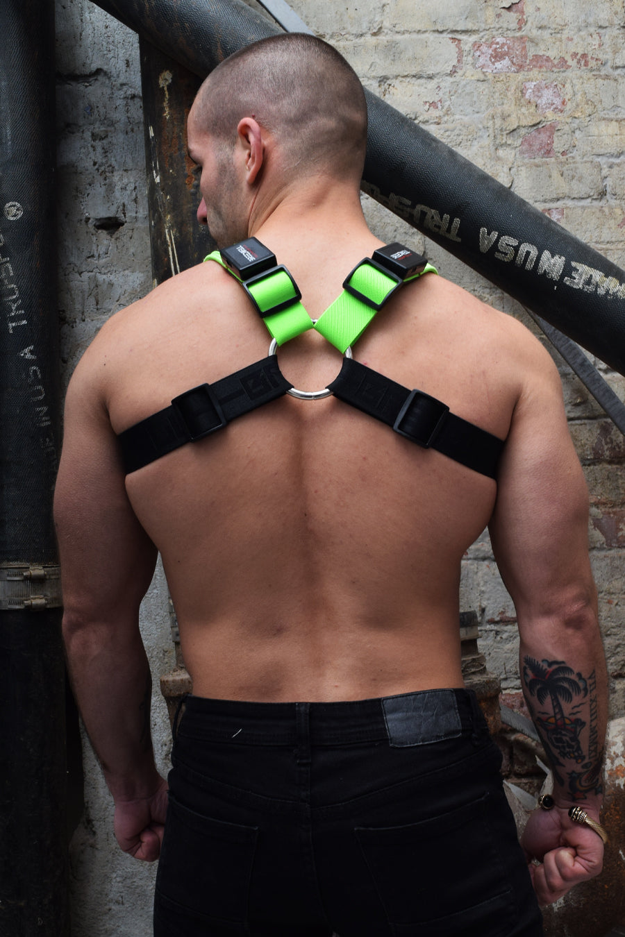 The back of the neon green Poundtown LED Paw print Bulldog Harness.