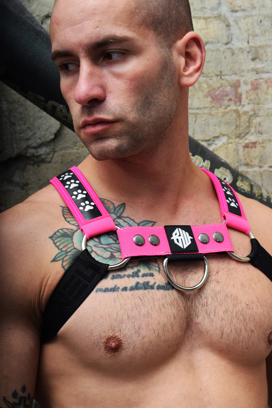 The front of the neon pink Poundtown LED Paw print Bulldog Harness.
