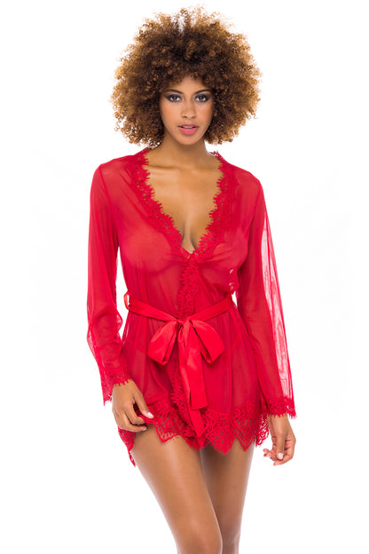 A feminine model showing the front of the Provence Eyelash Lace Robe with G-String.