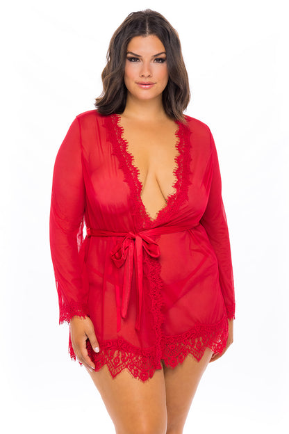 A feminine model showing the front of the Plus Size Provence Eyelash Lace Robe with G-String.