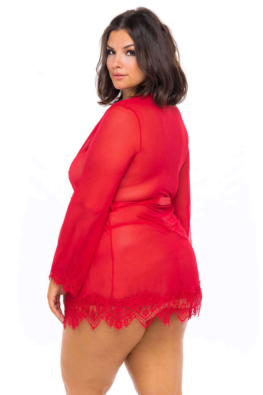 A feminine model showing the left side and back  of the Plus Size Provence Eyelash Lace Robe with G-String.