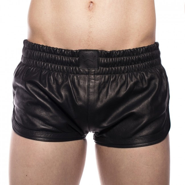 Close up front view of the all black prowler leather sport shorts.