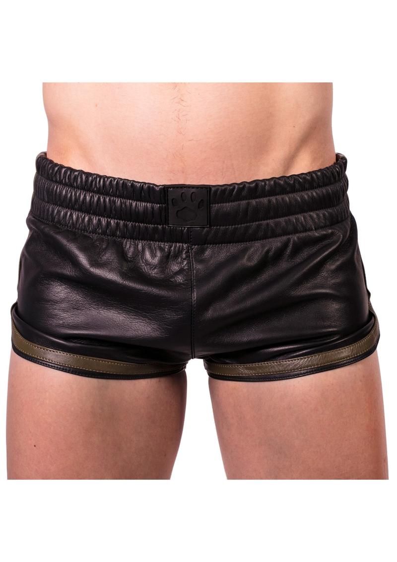 Close up front view of the black and green prowler leather sport shorts.