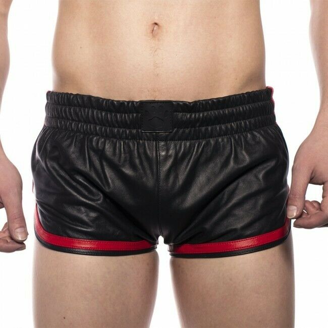 Close up of the front of the black and red prowler leather sport shorts.