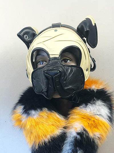 facing forward pug leather pup mask, on mannequin