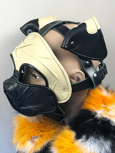 facing left pug leather pup mask on mannequin 