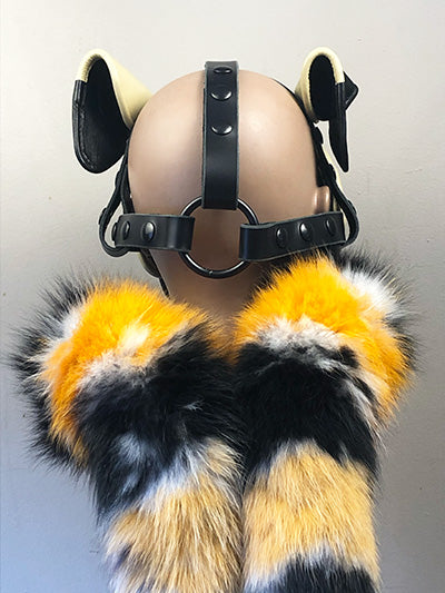 facing backward pug leather pup mask on Mannequin