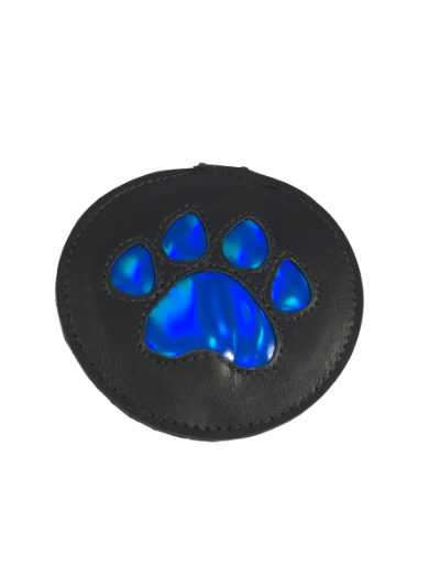The black leather pup paw medallion with metallic dark blue paw design.