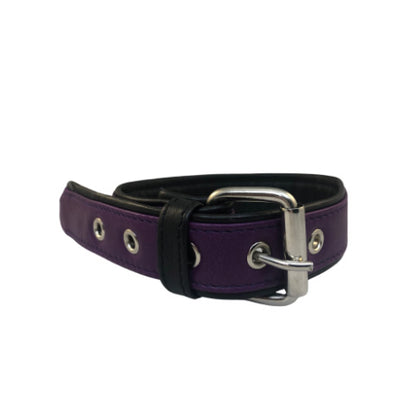 Back of purple leather overlay buckle bicep armband.