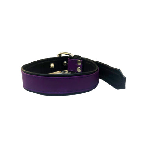 Front of purple leather overlay buckle bicep armband.