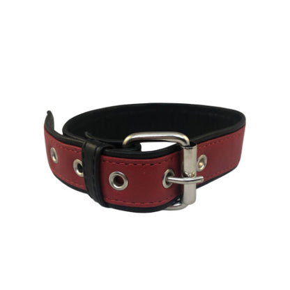 Back of red leather overlay buckle bicep armband.