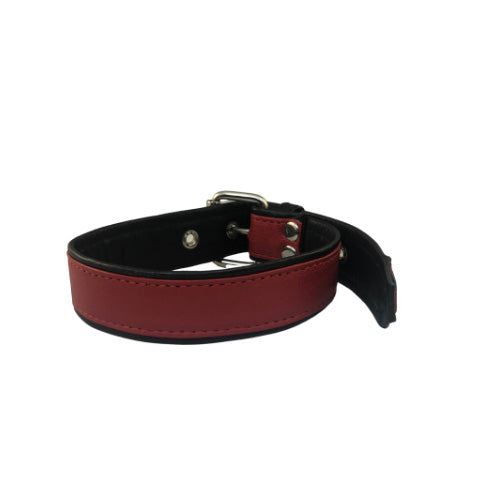 Front of red leather overlay buckle bicep armband.