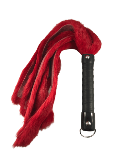 Red 20" rabbit Fur Flogger with black leather handle and D-ring for hanging.