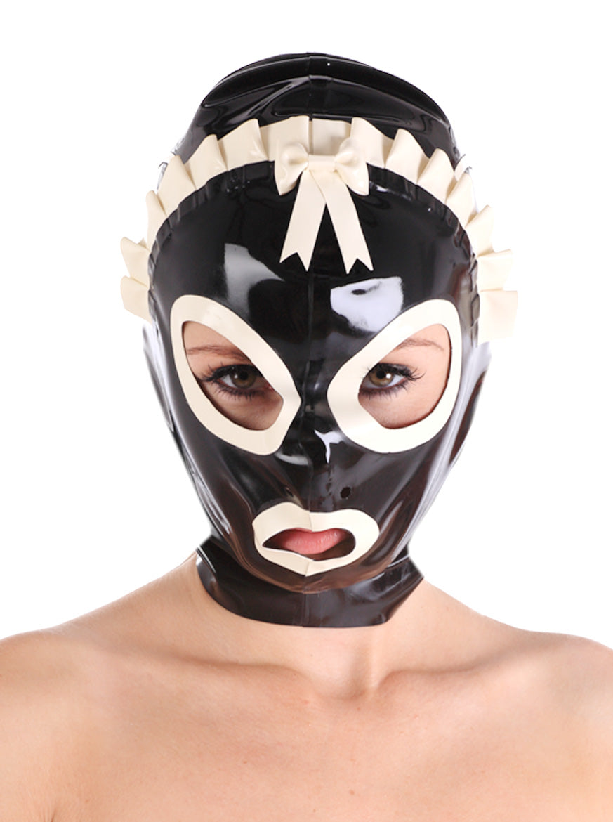 A model wearing the Latex Maid Hood, front view.