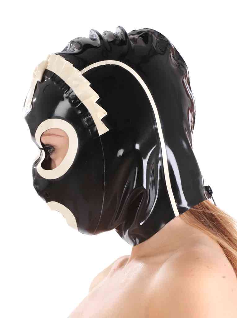 A model wearing the Latex Maid Hood, left side  view.
