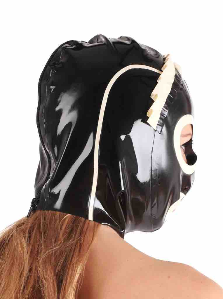 A model wearing the Latex Maid Hood, right side and rear  view.
