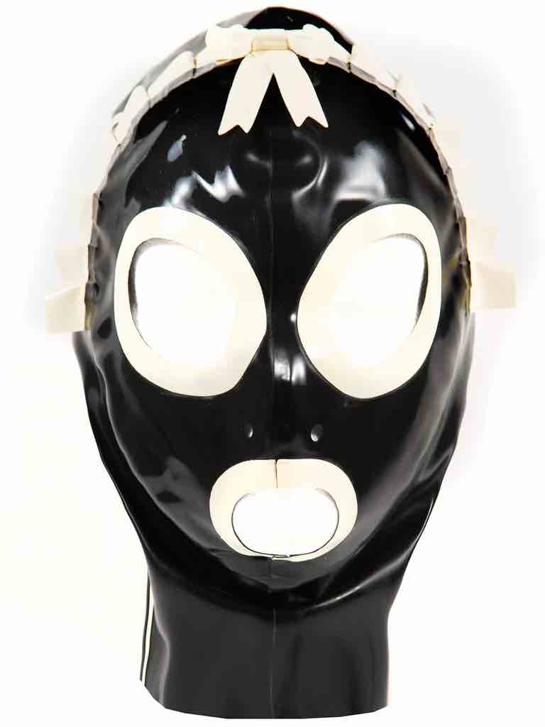 The Latex Maid Hood on a mannequin head, front view.